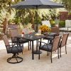 product-open-9956dda567174999bd28a4760925671e-goods Andehomy 7pcs Patio Dining Set with 6 Chairs And 1 Table, Outdoor Dining Set with 2 Wicker Swivel Patio Dining Chairs with Cushions & Black, Rectangular Woodgrain Metal Dining Table with 1.75" Umbrella Hole, Black & Brown