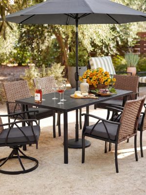 Andehomy 7pcs Patio Dining Set with 6 Chairs And 1 Table, Outdoor Dining Set with 2 Wicker Swivel Patio Dining Chairs with Cushions & Black, Rectangular Woodgrain Metal Dining Table with 1.75" Umbrella Hole, Black & Brown