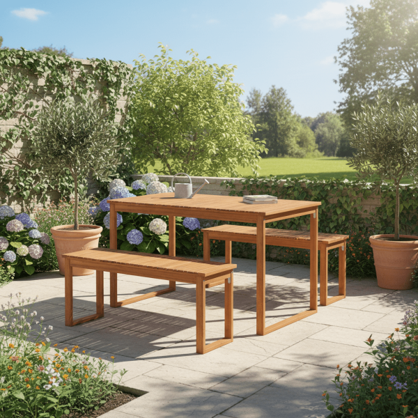 3pcs Patio Dining Set, Acacia Wood Rectangular Picnic Beer Table with 2 Benches for 4 People, Outdoor Dining Furniture Set for Backyard, Garden and Poolside