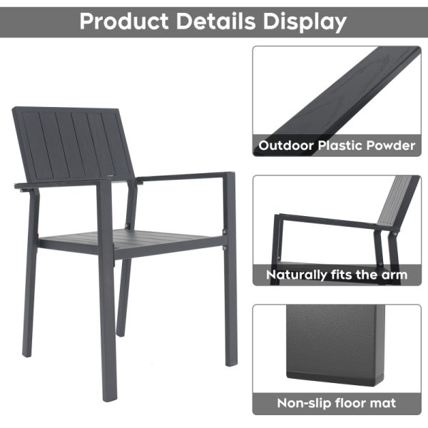 product-open-99e9d01cd2ef435d9a98e822c8d7d248-goods 5pcs Outdoor Patio Dining Set, 47' Round Wood-Grain Slat Table W/ Umbrella Hole And 4 Stacking Metal Chairs 350 Lbs Capacity, Rustproof, Breathable Design, 30-Min Assembly, Patio, Garden, Balcony