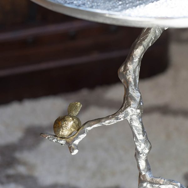 product-open-9a6d40130c0c48398db849e87aa6de00-goods 16.9x16.9x28' Round Aluminum Side Table with Sier Branch Design and Golden Bird Accents