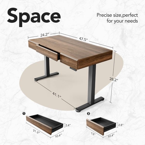 Recording studio furniture Electric Standing Desk with 3 Drawers, 48 Inches Height Adjustable Stand Up Desk, Whole-Piece Board Computer Workstation with 4 Memory Height Settings, Black Walnut