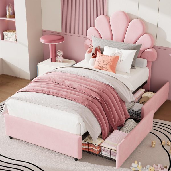 product-open-9c8e1609723f47b8b9a832611fd9857b-goods Twin Size Bed Frame Suitable for Kids Girls Boys - Upholstered Princess Platform Bed with Headboard & 2 Storage Drawers, Solid Wood Slat Support, No Box Spring Needed, Easy Assembly, Modern Minimalist Furniture for Boys and Girls