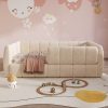product-open-9cc886c2a32b4f25ab7602677d1d9011-goods-1 Upholstered Floor Daybed with Removable Guardrails, Compatible with Standard US Mattresses, Safety Bed with High Headboard And Footboard, Beige