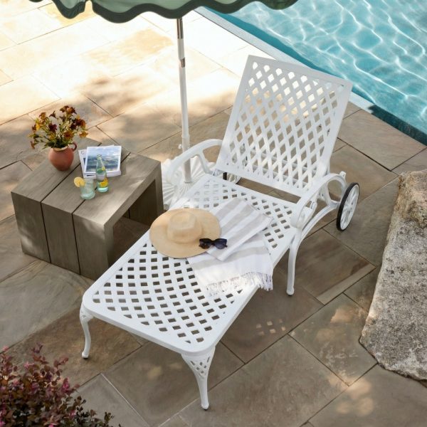 product-open-9d09fca5720a49258c7b2db4b323040d-goods Andehomy Cast Aluminum Outdoor Lounge Chair on Wheels, Patio Recliner with Adjustable Backrest in 3 Positions, Perfect for Poolside Relaxation, Bronze And White Color