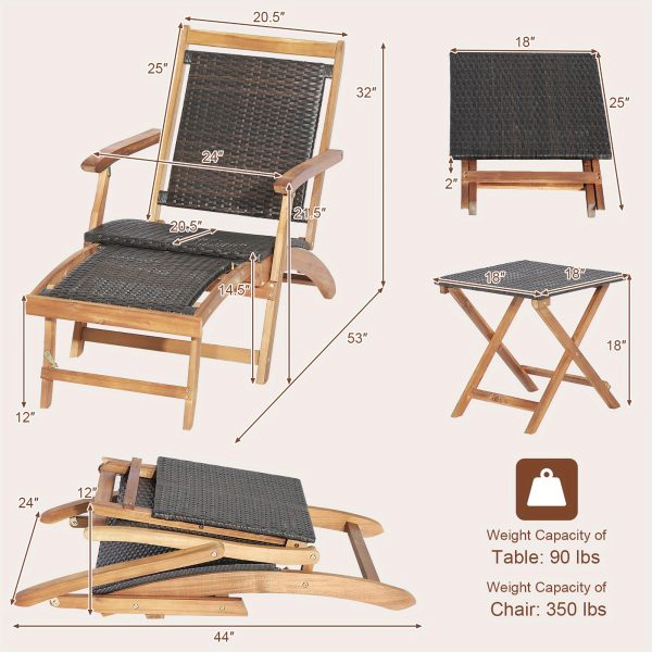 MULTIGOT 2pcs Patio Rattan Folding Lounge Chair Table Acacia Wood W/Retractable Footrest