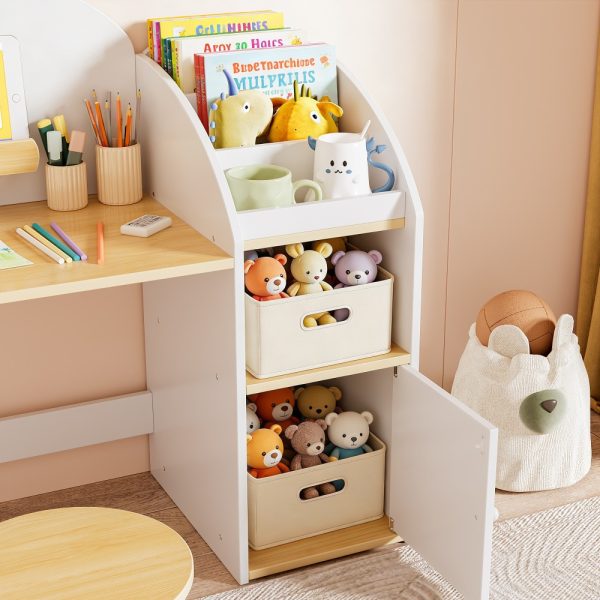 product-open-9db8d1fc3e6243beb505102bd52cd130-goods Kids Desk And Chair Set with Storage And 1 Stool, Wooden Kids Desk W/ 2 Storage Cabinets And Bookshelves, Children Writing Drawing Table, Student Kid Study Table for Boys, Girls