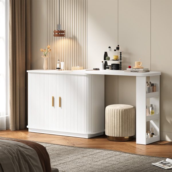 Adjustable Vanity Desk with Rolling Shutter, L-Shape Corner Makeup Table Featuring Shelves, Bedroom Storage Solution in White