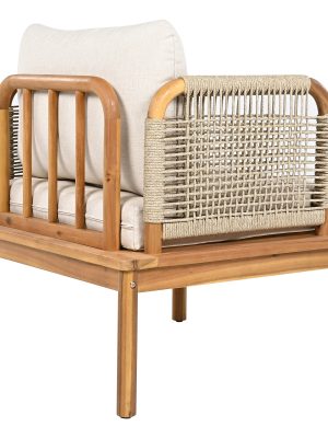 Outdoor Acacia Wood Rope Club Chair, Waterproof Cushioned Patio Dining Chair, Weather Resistant Patio Lounge Chair for Backyard Garden Porch Balcony, Easy Assembly Deep Seat Conversation Accent Chair with Removable Washable Beige Teak Cushion