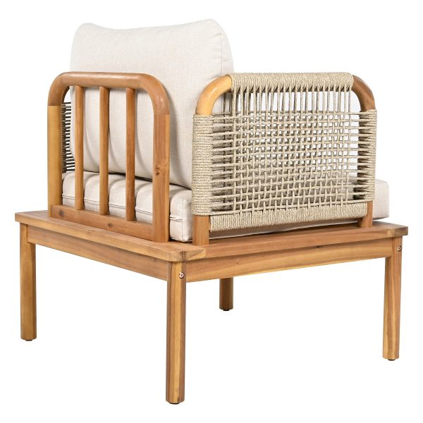 product-open-9e8849ff9d59454e9b83e74e7cdbfe63-goods Outdoor Acacia Wood Rope Club Chair, Waterproof Cushioned Patio Dining Chair, Weather Resistant Patio Lounge Chair for Backyard Garden Porch Balcony, Easy Assembly Deep Seat Conversation Accent Chair with Removable Washable Beige Teak Cushion