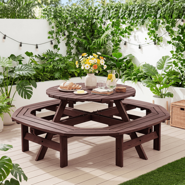 product-open-9e93354ad1eb434eb87ee23b51b17c78-goods 8-Person Round Wooden Picnic Table with Umbrella Hole, Wood Outdoor Dining Set with 4 Built-In Benches for Garden, Patio And Backyard