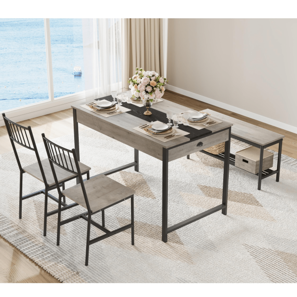 product-open-9f059556150c46509bcbb46cd72f6a0d-goods GarveeHome Dining Table Set for 4, Small Kitchen Table and 2 Chairs for 4 with Bench, Space Saving Kitchen Table Set with Storage Rack & Drawers, Breakfast Nook Rectangular Farmhouse Table Set, Grey