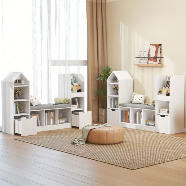 product-open-9f26c3196cfc44d5a04ed4806187c110-goods Nordic Style Bookcase with Reading Nook | Space-Saving Storage Cabinet with 7 Cubbies, 2 Movable Drawers & Seat Cushion, Multifunctional Organizer for Living Room, Bedroom, Office, Wood Color, Hardwood Material, VABCHES Brand