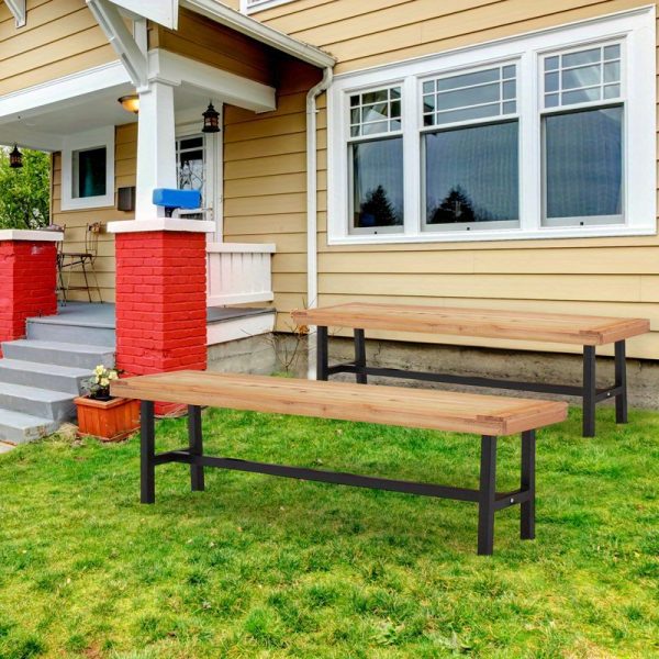 product-open-a01bb07906d24fe48bc06bee9948d5c6-goods 63" Wooden Picnic Bench(Set of 2), Outdoor Benches with Powder-Coated Metal Frame, Garden Benches for Patio, Garden, Porch & Deck, Wood Color