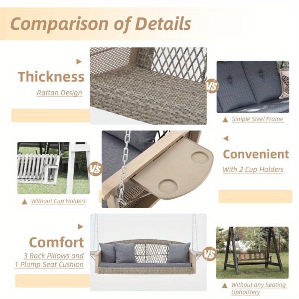 product-open-a0212e91df6347e5b1dc1d5b1e34a372-goods Gray 3-Person Wicker Porch Swing Featuring a 1.5-Foot Cup Holder, a 55-Inch Patio Hanging Swing Bench Complete with Cushions, And a Weight Capacity of 800 Pounds