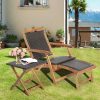 MULTIGOT 2pcs Patio Rattan Folding Lounge Chair Table Acacia Wood W/Retractable Footrest