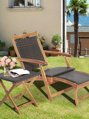 MULTIGOT 2pcs Patio Rattan Folding Lounge Chair Table Acacia Wood W/Retractable Footrest