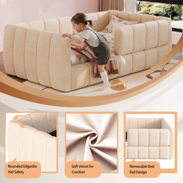 product-open-a09661bdf41f489b93770963eb301d34-goods Upholstered Floor Daybed with Removable Guardrails, Compatible with Standard US Mattresses, Safety Bed with High Headboard And Footboard, Beige