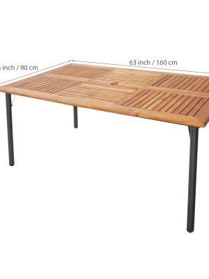 Large Outdoor Acacia Wood Dining Table with Umbrella Hole - 6-Person Rectangular Patio Table, Heavy-Duty Metal Frame & Slat Tabletop, for Garden, Backyard, Poolside, Deck (63"L x 36"W x 30"H) - Easy Assembly, Wood
