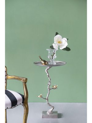 16.9x16.9x28' Round Aluminum Side Table with Sier Branch Design and Golden Bird Accents