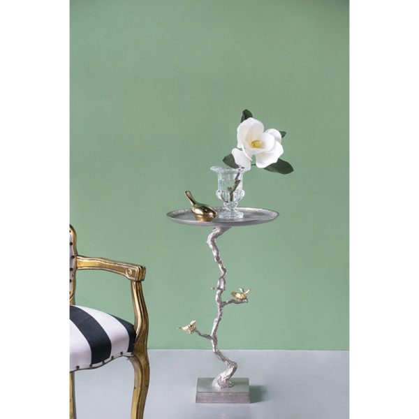 product-open-a1cbec3d980d4be8bb6c621f82eedffb-goods 16.9x16.9x28' Round Aluminum Side Table with Sier Branch Design and Golden Bird Accents