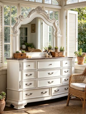 Luxury White 1pc Dresser Dovetail Drawers Genuine Marble Top Bronze Round Knob and Hanging Pulls BedroomEasy to Install Storage Unit Ready to Use Out of Box