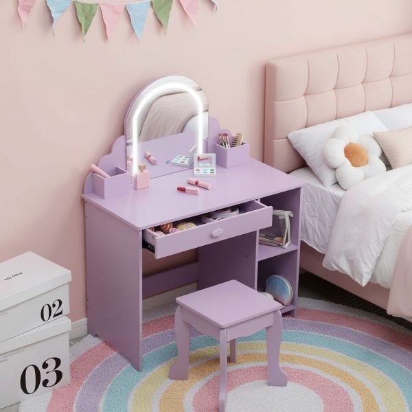 product-open-a2ce9fdfed614789ab6579cf3165fe6b-goods Girls' Kids Vanity Desk with Mirror & Stool - Princess Makeup Table with Drawer, Shelves & Cubbies, Toddler Dressing Table Suitable for Little Girls, Assembly, Non-Wood