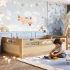 product-open-a2dd52165dfe4c0a9f81bcc73bc4fe6c-goods Twin Size Floor Platform Bed with Full-Length Guardrails, Low Profile Twin Bed Frame, No Box Spring Needed, Natural