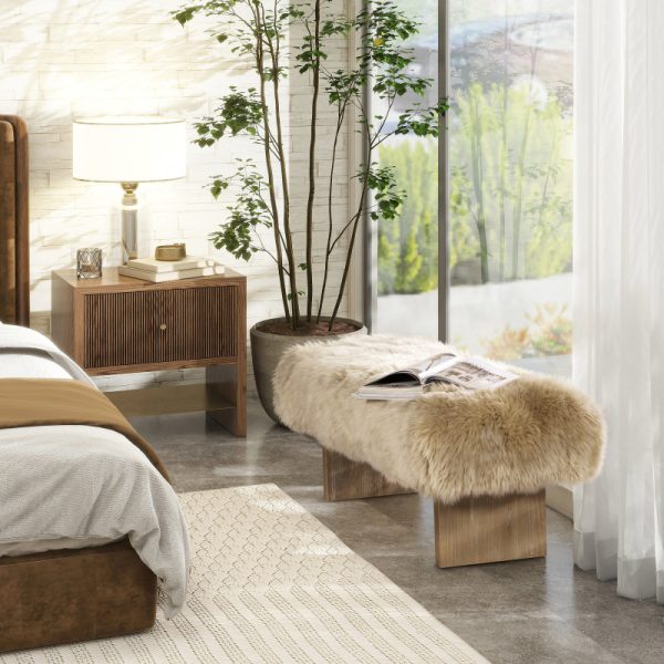 product-open-a37ddf99784844cba52befab3ef02ffb-goods Leda 49' Retro Natural Blonde Sheepskin Fur Bench - Genuine Fur Rectangular Accent Suitable for, Entryway,, Minimalist Scandinavian & Decor, Furniture