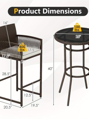 LIFEZEAL 3pcs Outdoor Bar Set, Featuring a Wicker Bar Table And Armchairs with Two Cushions, Sturdy Metal Barstools And Table with Glass Top for Your Backyard, Poolside, Or Porch, Outdoor Bar Table And Chair, Outdoor Table And Chair Set, Outdoor High Top Table And Chair, Patio Set Outdoor, Patio Table And Chair Set, Outdoor Patio Bar Set, High Top Outdoor Table And Chair, Bar H Table, Outdoor Bar Chair, High Top Table And Chair Outdoor, Outdoor Dining Table And Chair, High Table And