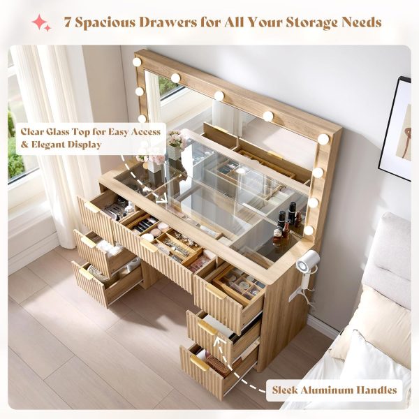 product-open-a558fc5097ae4d87a088baed95d04f8b-goods ALBOTT Fluted Vanity Desk With Large Mirror, Adjustable LED Lights, Glass Top, Charging Station And 4 Or 7 Drawers Makeup Table For Women And Girls, Suitable For Home Use