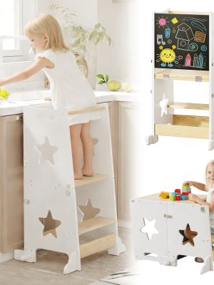 3-In-1 Kitchen Step Stool, Foldable Learning Standing Tower with Blackboard, Wooden Kitchen Stool Helper for Kids, Old Boy Girl Gifts
