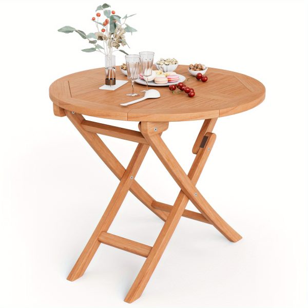 product-open-a61372f0d1c343ea96b26ebe9080c9dd-goods COSTWAY 31.5" Solid Indonesia Teak Wood Round Folding Patio Table - Portable Outdoor Dining Table with X-Frame Stability, 220lb Capacity, Natural Finish for Backyard, Poolside & Balcony, Classic Design