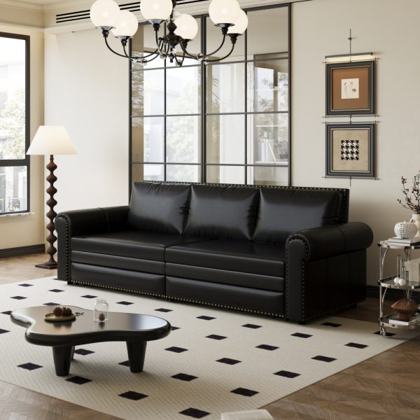 product-open-a6731e7948834a0d8bcafca9e97fbe3b-goods 93.7' Bohemian Chesterfield Sofa Bed: 3-in-1 Convertible Sleeper with Faux Leather Upholstery, Nailhead Trim & Rolled Arms, Light Brown Pull-Out Couch Suitable for Small Spaces, Apartments, Dorms, Guest Rooms - Assembly Required