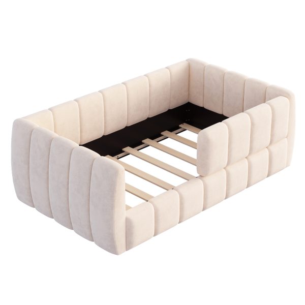 product-open-a68ade3509ce46958f34f54d8698ce92-goods-1 Upholstered Floor Daybed with Removable Guardrails, Compatible with Standard US Mattresses, Safety Bed with High Headboard And Footboard, Beige