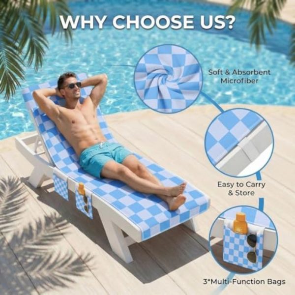 product-open-a6f92c2389424ea3bb9d4f53de1c5731-goods Lounge Chaise Chair Towel Covers Pack of 2, Beach Chair Cover with 3 Pockets for Pool Outdoor Beach Garden Patio Trips, 85 X30in (Blue Checkerboard)