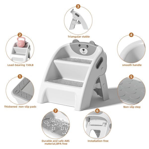 Toddler Step Stool, Foldable 2-Step Kids Stool with Non-Slip Design And Handle, Multipurpose Step Stool for Bathroom Sink, Kitchen, Bedroom, Counter