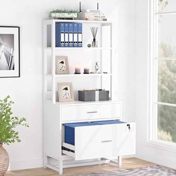 product-open-a7322fcc779a4aeabfcda272c59efcfd-goods LustreC 2 Drawer Vertical File Cabinet with Lock & Bookshelf, Letter Size Large Modern Filing Cabinet Printer Stand with Open Storage Shelves for Home Office, White