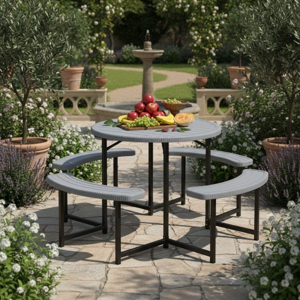 product-open-a7762ba03014440595b0b420bc017486-goods 8-Person Round Picnic Table Set, 37-Inch Outdoor Dining Table with 4 Curved Benches And Umbrella Hole, HDPE Top And Metal Frame, Circular Patio Camping Table for Backyard, Garden, Lawn, Porch