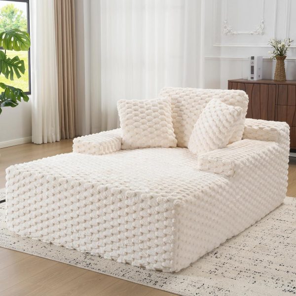 product-open-a7a77b584c5e46068bf2340d911cbf3a-goods 67" Chaise Lounge Sofa Bed with Faux Fur Upholstery, No Assembly Sleeper Couch with Memory Sponge Support, Ergonomic Plush Design with Throw Pillows and Thick Padding, Modern Comfortable Sofa for Living Room Bedroom Apartment, Grey & White Available