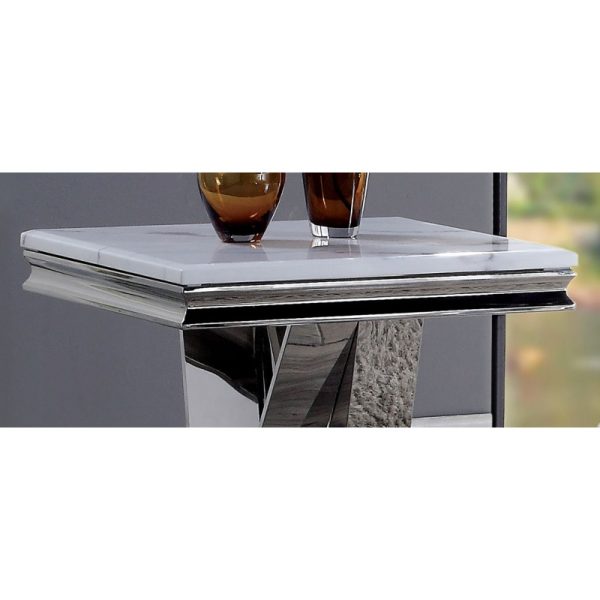1pc End Table Modern Glam Style 18Mm Faux Marble on Top Rectangular V-Shape Pedestal Base Stainl Steel Metal Structure Chroma End Coffee Table-Not Included