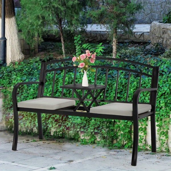 [Outdoor Patio Bench] Outdoor Patio Garden Bench Peacock Feather Backrest, Cast Iron Frame, Comfortable Seat for Yard, Porch, or Park