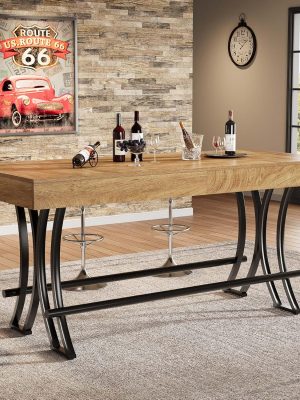 63" Counter Height Dining Table with Metal Footrest, Rectangular Tall Kitchen Bar Pub Table, Industrial Home Bar Unit for Entertaining, Freestanding, Brown