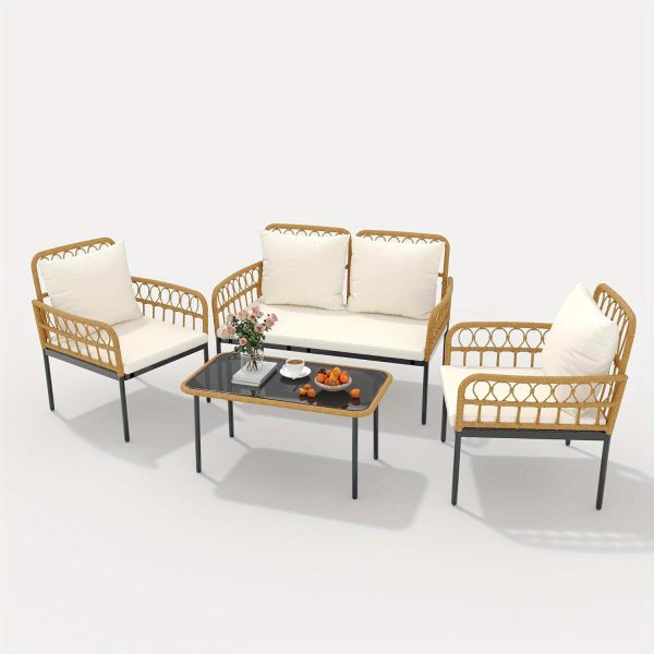 product-open-a89e3817ed534bc0b7e440e7a0263b0f-goods Senfot 4pcs Outdoor Patio Furniture Set with Table, All-Weather Boho Wicker Rattan Patio Sectional L-Shaped Sofa, Metal Frame, Detachable Cushions, for Patio, Balcony, Backyard, Deck, Beige