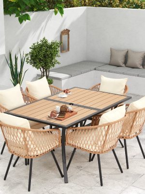 Outdoor Dining Set for Seven, Featuring a Rectangular Table with an Umbrella Hole And Six Rattan Chairs, Suitable for All Weather Conditions, Perfect for Your Backyard, Lawn, Or Garden