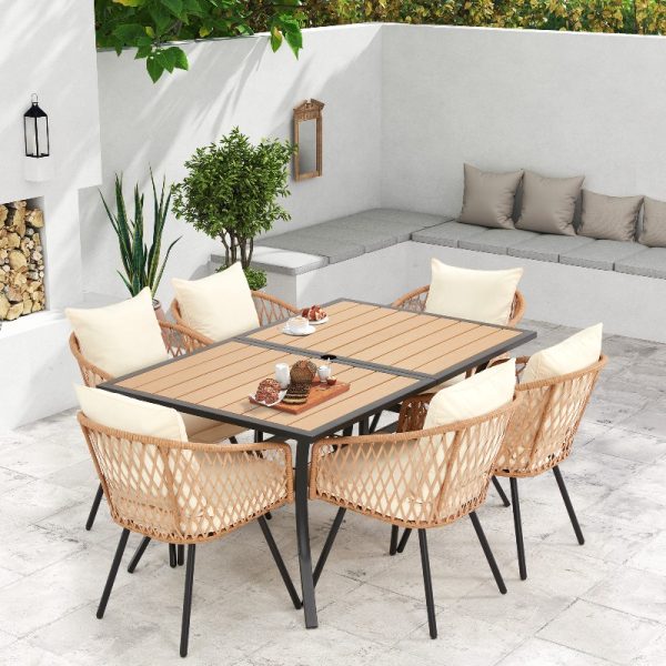 product-open-a8d2eee0242c45d9b6cb23983f6b3ce5-goods Outdoor Dining Set for Seven, Featuring a Rectangular Table with an Umbrella Hole And Six Rattan Chairs, Suitable for All Weather Conditions, Perfect for Your Backyard, Lawn, Or Garden