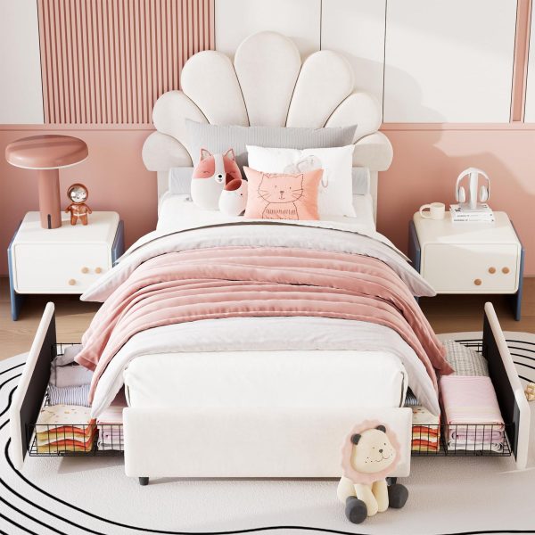 product-open-a8e3f33f998a4853b695dfa607783655-goods Twin Size Bed Frame Suitable for Kids Girls Boys - Upholstered Princess Platform Bed with Headboard & 2 Storage Drawers, Solid Wood Slat Support, No Box Spring Needed, Easy Assembly, Modern Minimalist Furniture for Boys and Girls