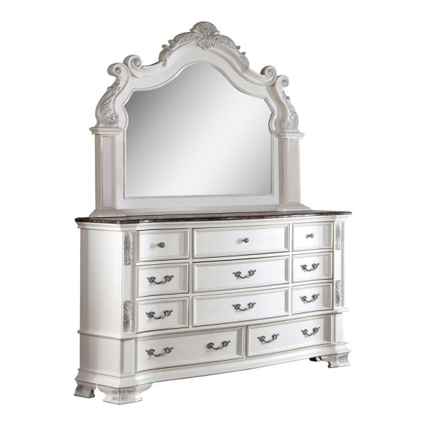 product-open-a96d68380d624f8fac154099580aae6c-goods Luxury White 1pc Dresser Dovetail Drawers Genuine Marble Top Bronze Round Knob and Hanging Pulls BedroomEasy to Install Storage Unit Ready to Use Out of Box
