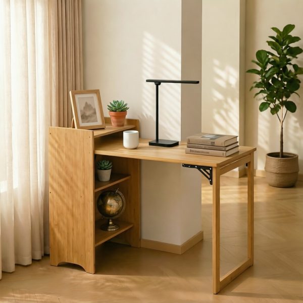 product-open-a9a10d5ed0f14bcc83fc0fcedc97557d-goods Bamboo Folding Desk for Small Spaces with Storage, Foldable Mid Century Modern Drop Leaf Desk, Vintage Fold Out Hideaway Small Desks for Bedroom Or Home Office
