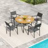 product-open-a9b17a03720b4469948c8cc4ec8dccbf-goods 5pcs Outdoor Patio Dining Set, 47' Round Wood-Grain Slat Table W/ Umbrella Hole And 4 Stacking Metal Chairs 350 Lbs Capacity, Rustproof, Breathable Design, 30-Min Assembly, Patio, Garden, Balcony